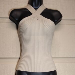 Sexy Silk Blend Say What? Cream Ribbed Halter Tank Top S